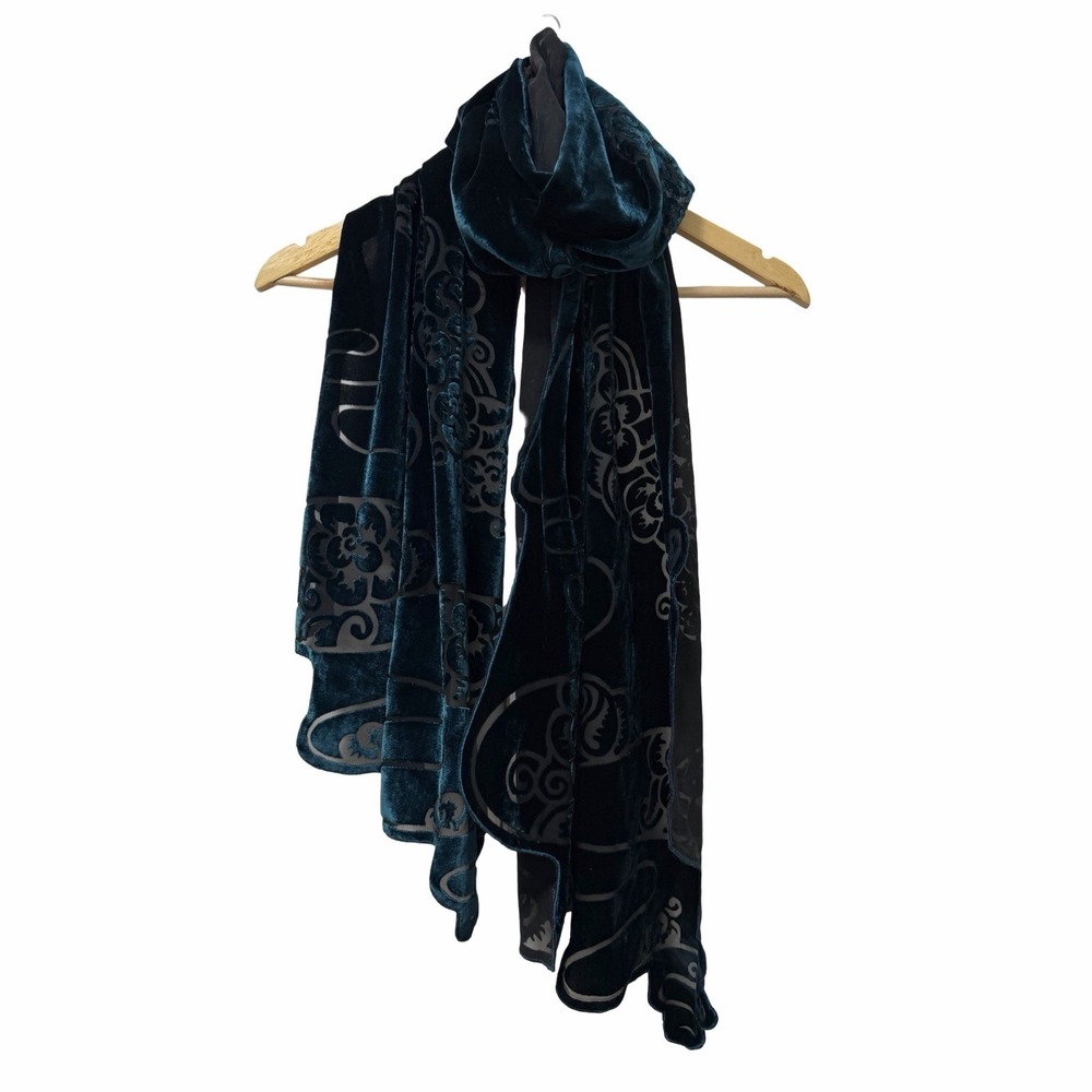Zazou Luxe Velvet Burnout Sheer Silk Blend Scarf Wrap Shawl Peacock Blue/ Teal